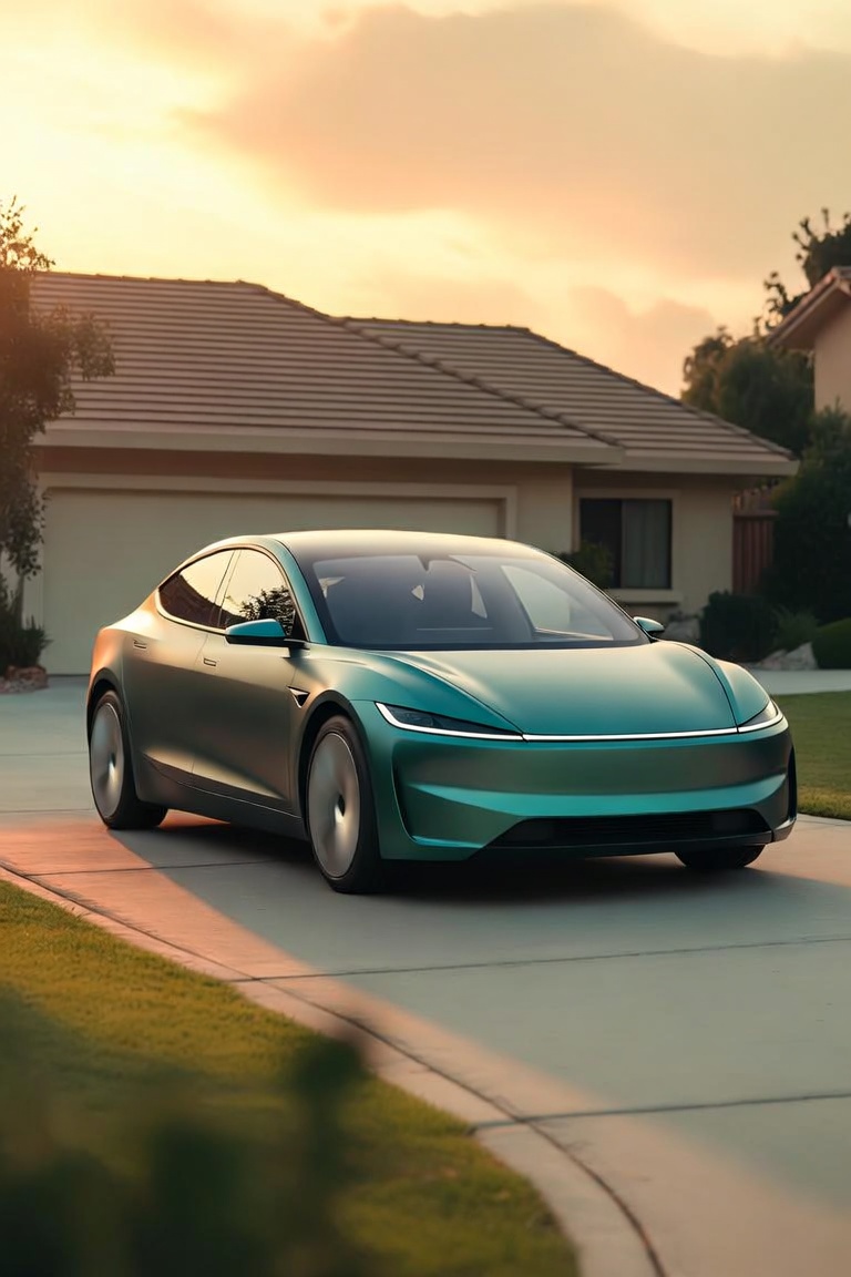 A car pulling calmly into a home driveway at golden hour