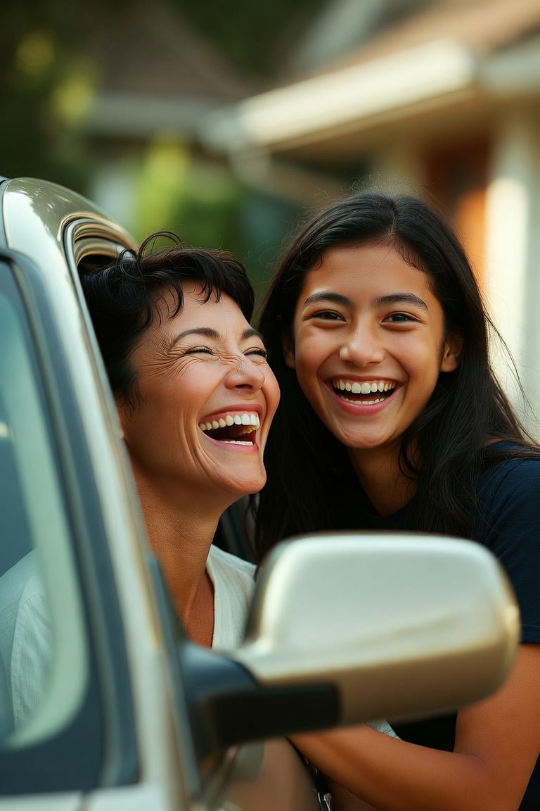 A parent and teen laughing together by the car