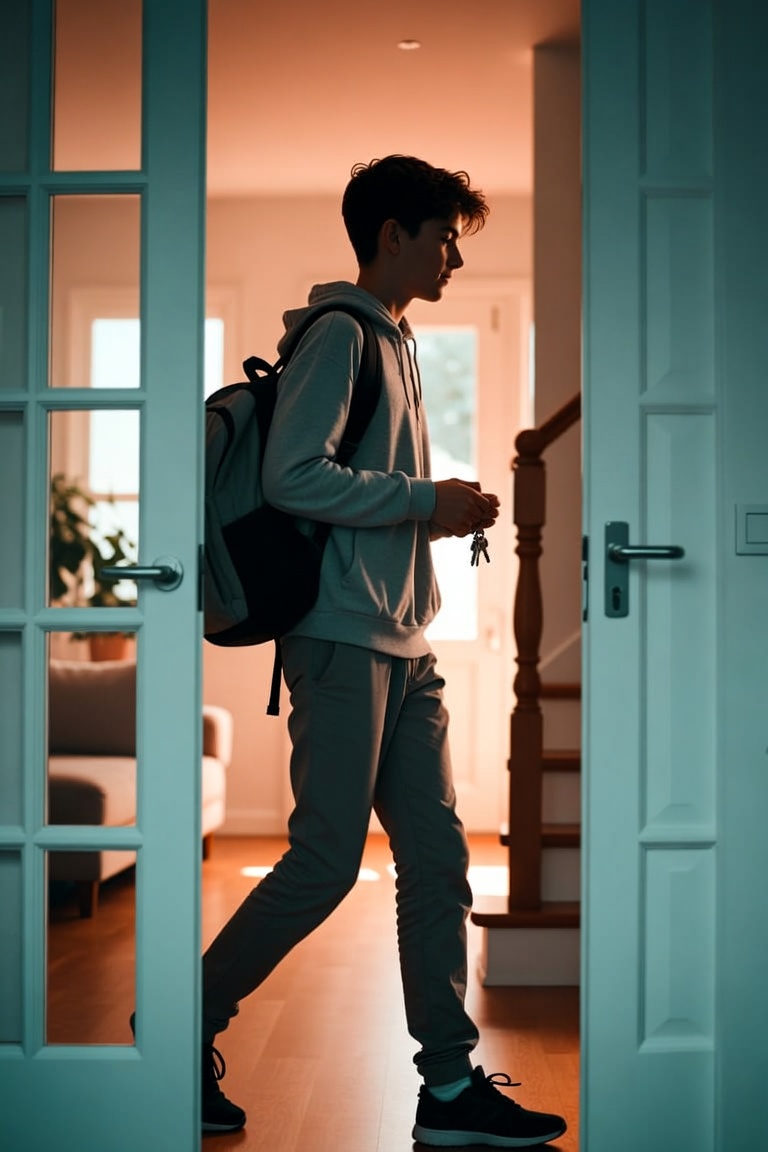 A teenager heading out the front door, keys in hand