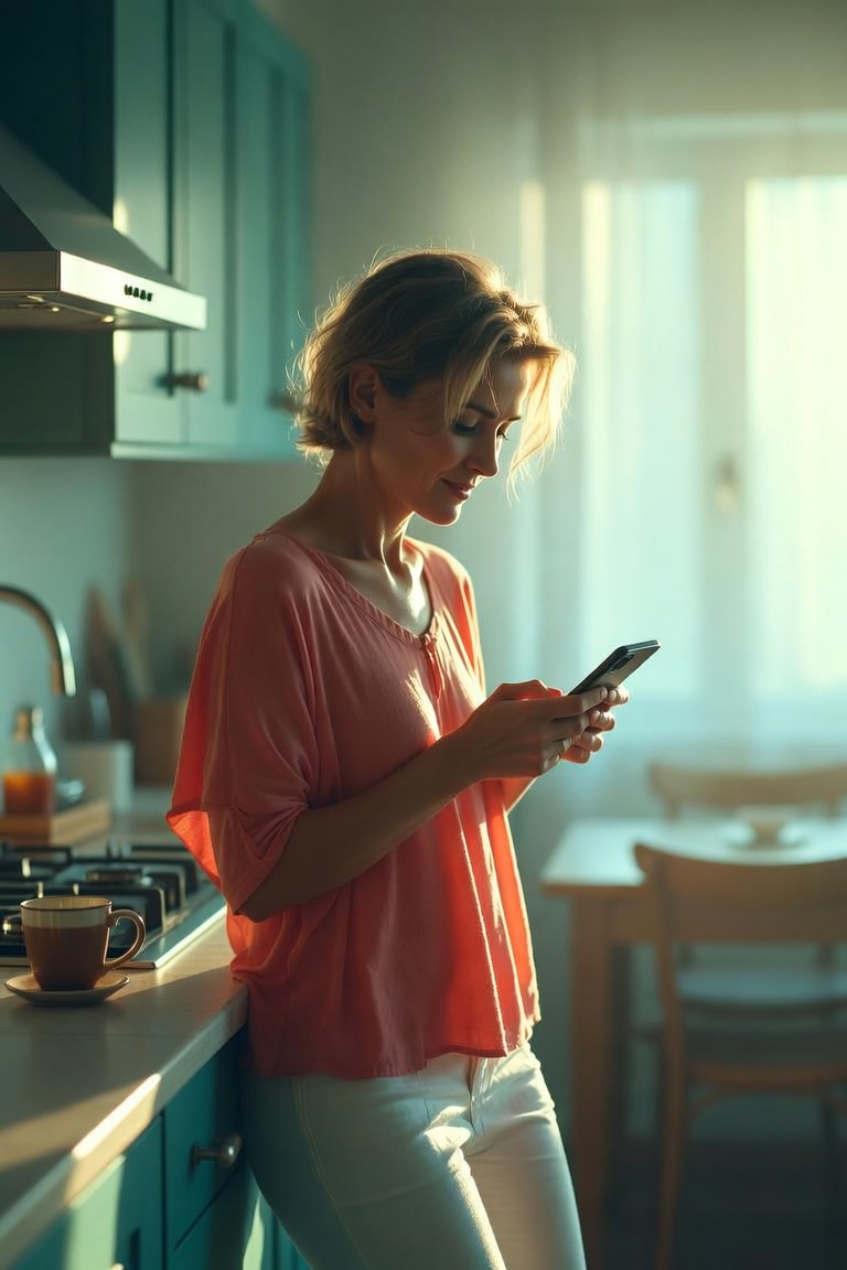 A parent at the kitchen counter glancing at their phone with a relieved smile