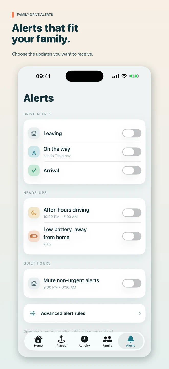 Alert settings for leaving, on-the-way, arrival, after-hours driving, and low battery