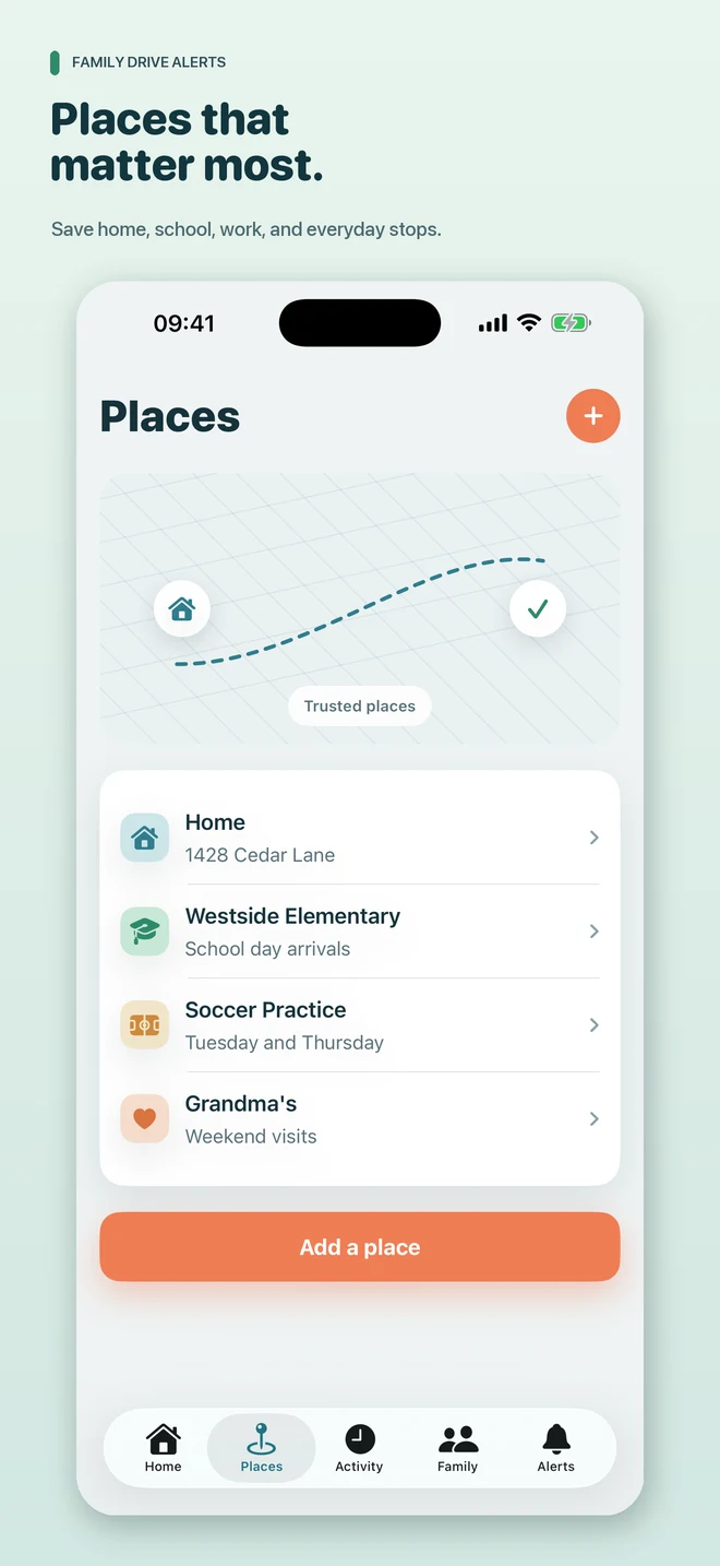 Saved Places screen with home, school, soccer practice, and family destinations