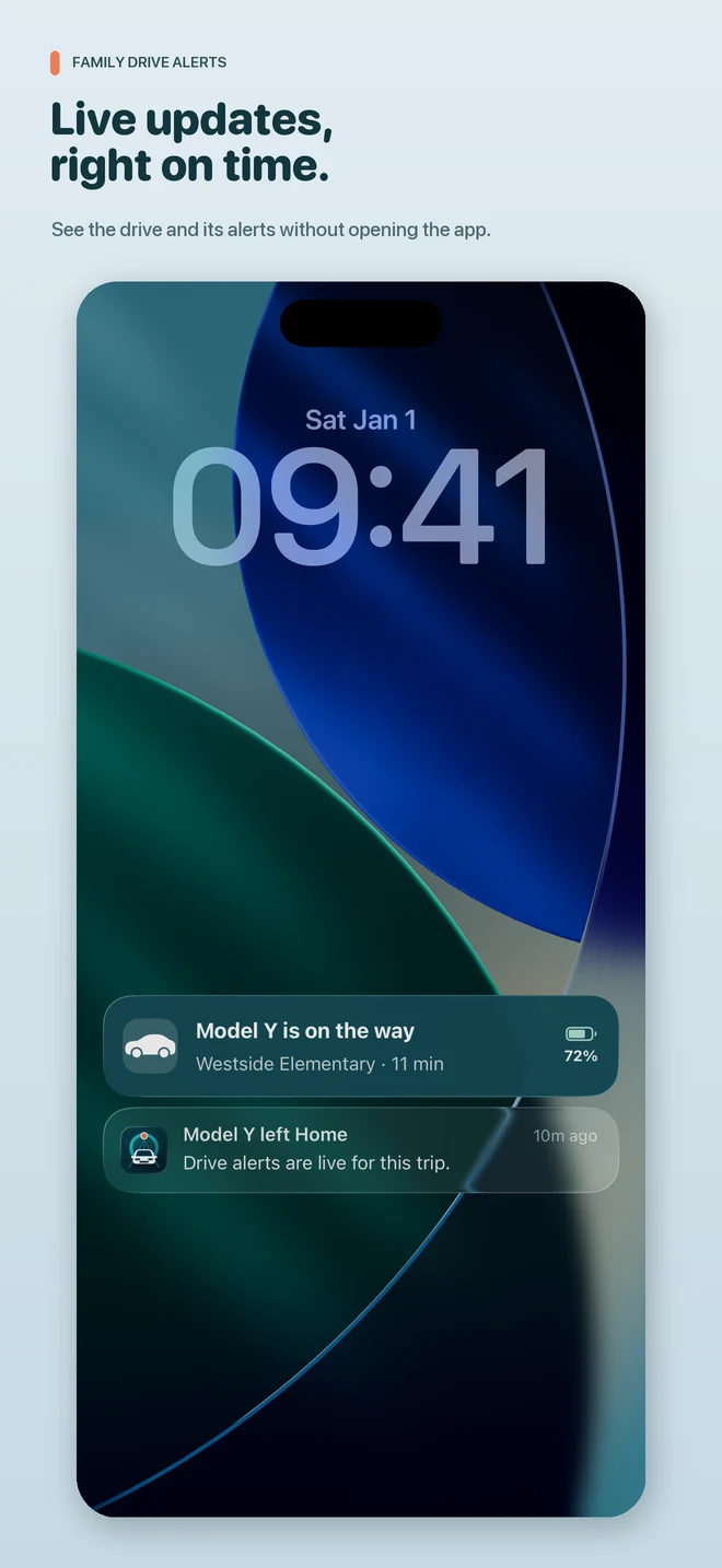 iPhone Lock Screen showing a Model Y Live Activity and matching departure notification