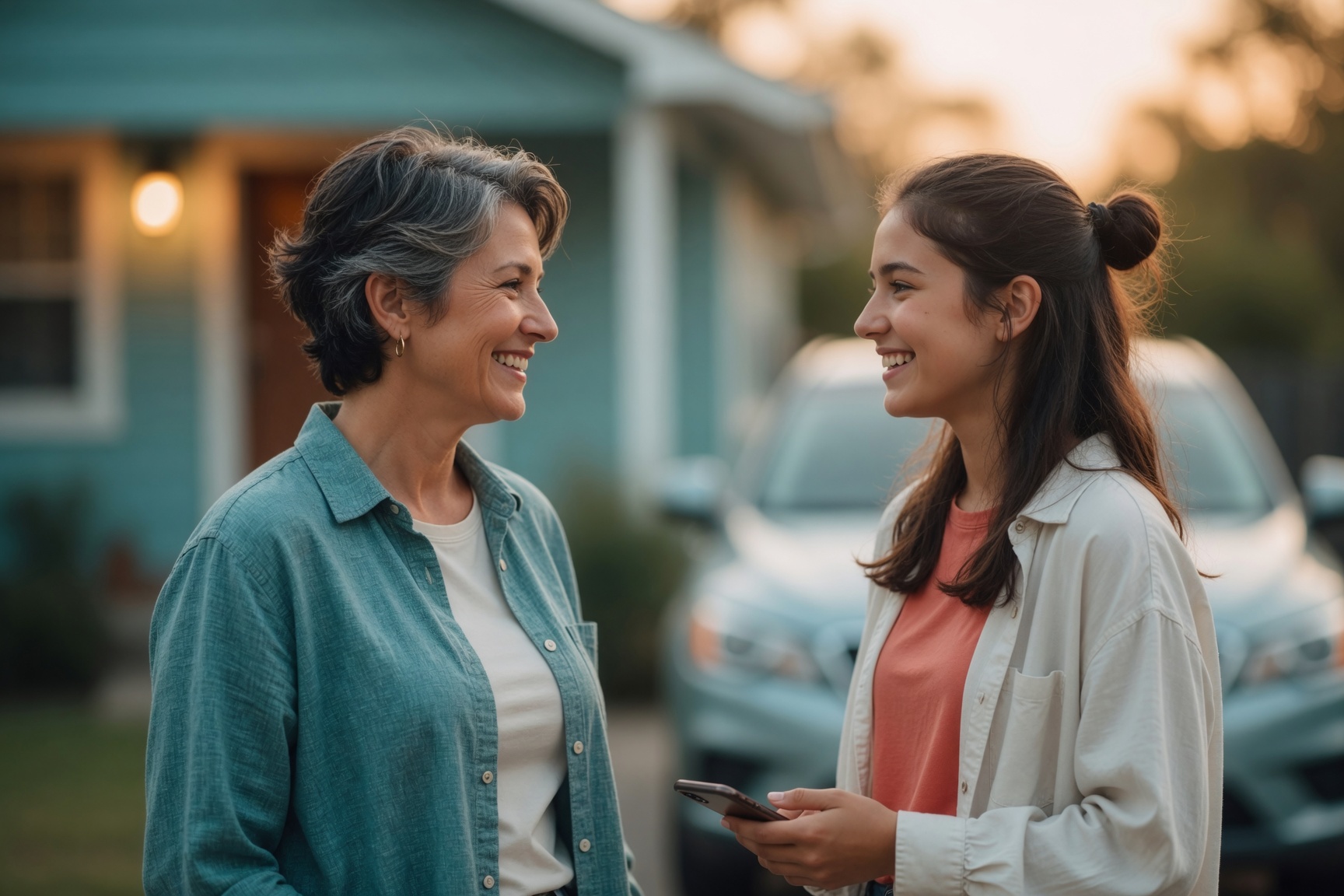 A parent and young driver talking openly outside their home